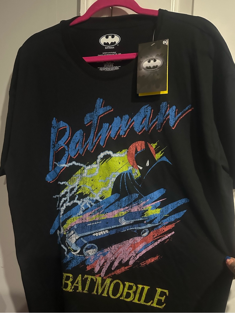 DC Comics Black Batman Batmobile Short Sleeve Tee with Blue, Yellow, Red Accents